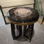 Round Luxury Side Table with Natural Wood Veneer Top, Decorative Inlay Medallion, Gold-Finish Stainless Steel Trim and Sculptural Studded Base